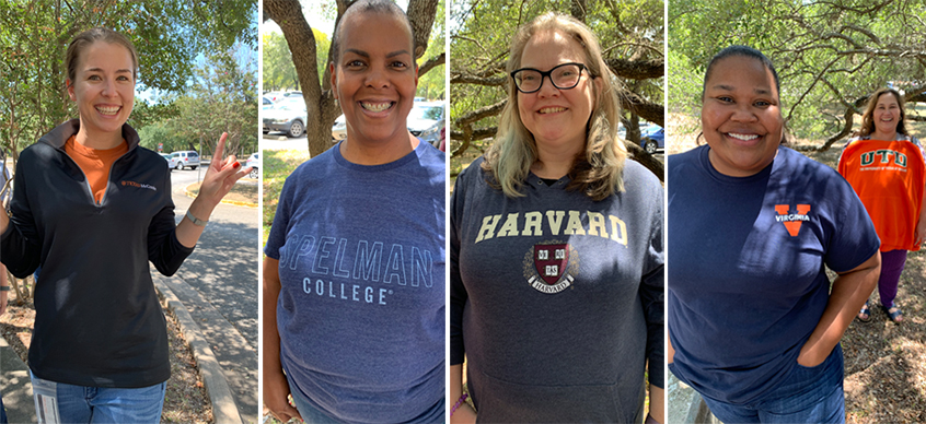 Four images of Dana Center staff members wearing their collegiate colors. In this image are represented the University of Texas at Austin, Spelman College, Harvard University, the University of Virginia, and the University of Texas at Dallas. 