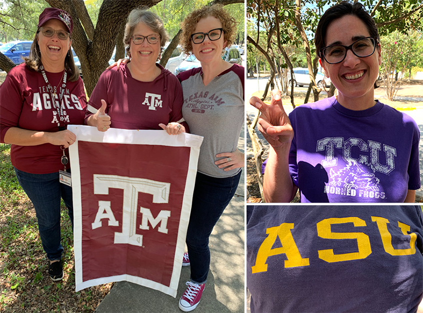 Three images of Dana Center staff wearing shirts and displaying other paraphernalia and hand signs from their respective alma maters. 