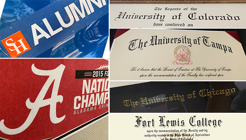 Images of collegiate-branded paraphernalia and diplomas from a range of institutions.